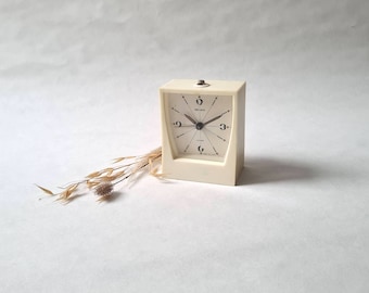 Vintage Sevani USSR mechanical alarm clock/white square plastic/retro design collection/4 jewels clock watch 60s/desktop desk flea market