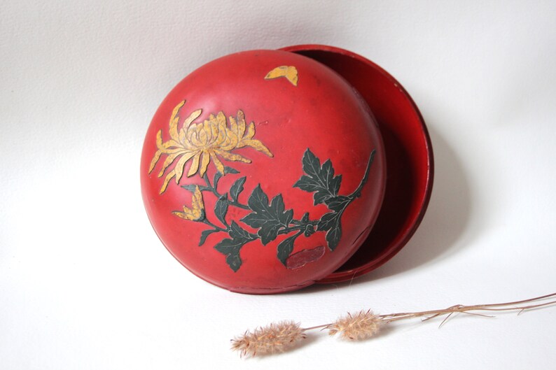Wooden Box China Storage Home Decor Organization Old Decoration Asia Handmade Round 70s Flower Decoration Flea Market
