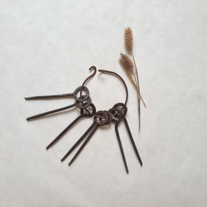 May include: A set of antique, dark brown metal keys and key rings, displayed against a light background. The keys have a rustic, aged look, with a hook at the top of the key ring. Two dried wheat stalks are positioned to the right of the keys.