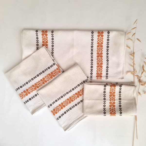 Vintage serviettes de table linge maison cuisine lot 4 tissu coton blanc marron orange repas torchons France lavable durable occasion