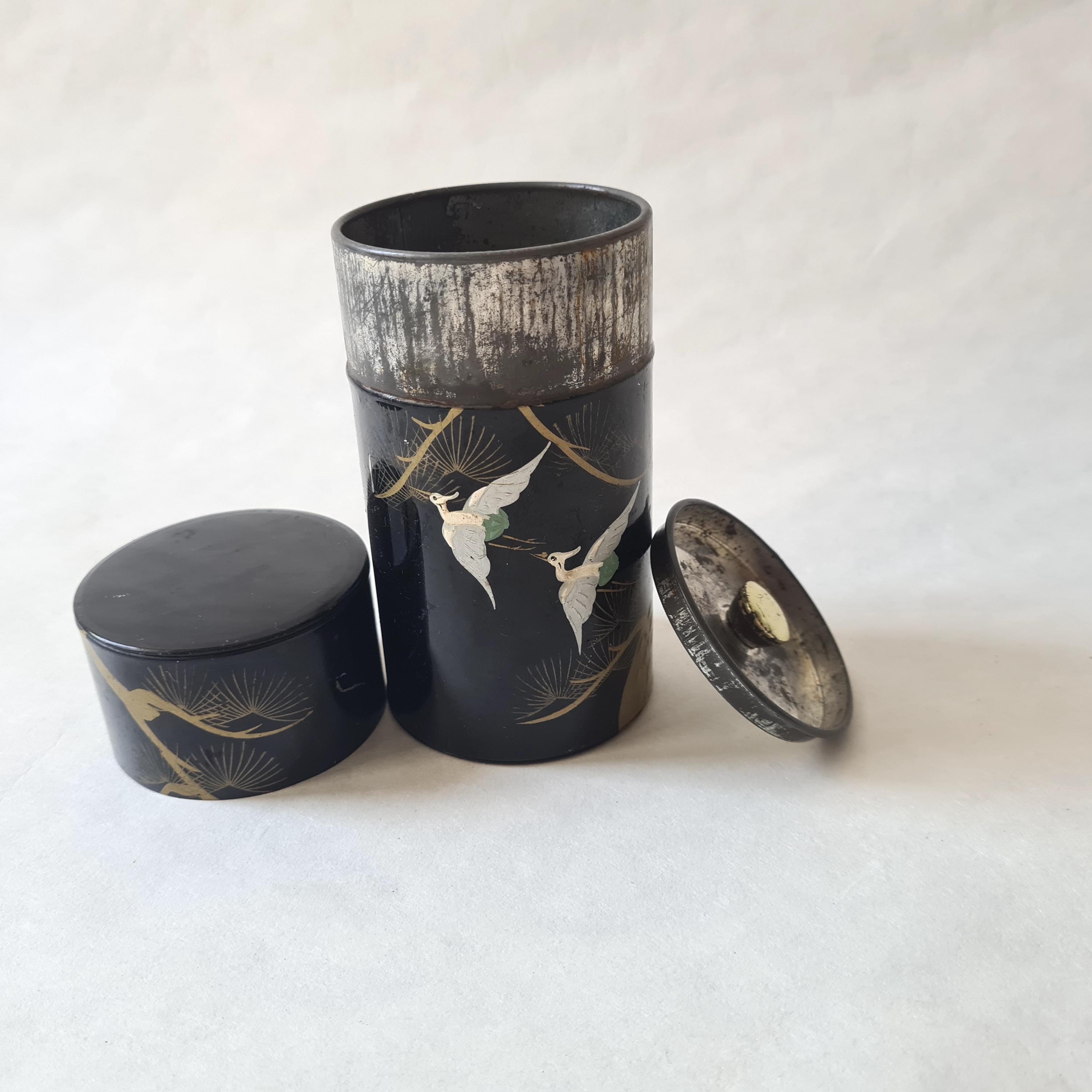 Vintage Metal Tea Box/black Gold White/crane Pattern/hand Painted/japan ...
