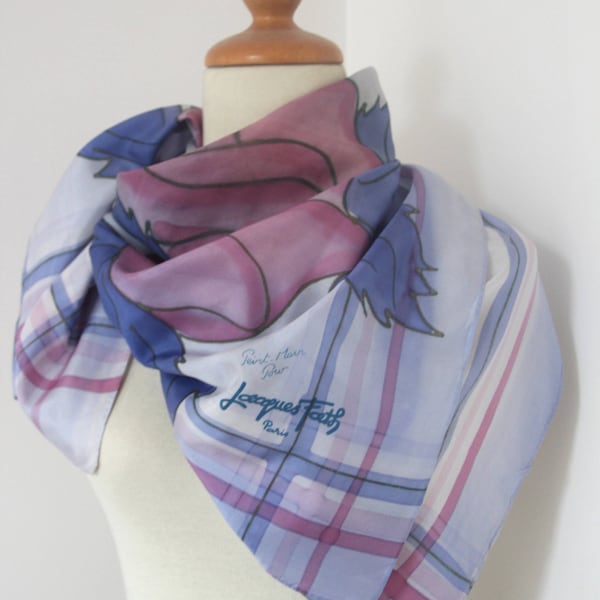 Vintage foulard Jacques Fath France peint à la main soie carré fleuri mauve lavande rose haute couture couturier francais etole chale