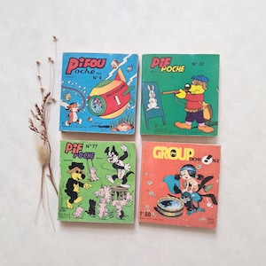 Op de afbeelding: Vier vintage stripboeken met kleurrijke covers. De titels zijn onder meer "Pifou Poche", "Pif Poche" en "Groupe Poche". De illustraties tonen stripfiguren, waaronder een hond, kat en konijn, in verschillende scènes. De strips zijn gerangschikt op een wit oppervlak.