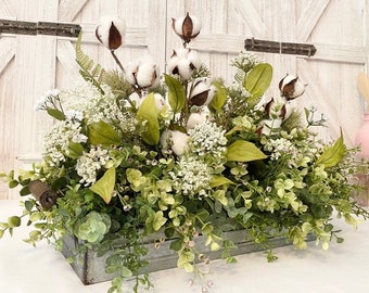 Eucalyptus Greenery, Cotton Boll Centerpiece, Farmhouse, Country Kitchen, Realistic faux Floral, Galvanized Tray, Gift, handmade decor