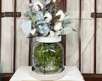 Rustic Glass Lantern, Distressed White  Shabby Chic, Lambs Ear, Eucalyptus & Cotton Bolls, Farmhouse Country Centerpiece, faux Floral, Gift