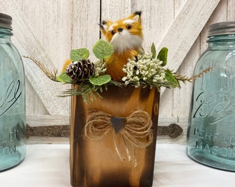 Handmade Fox Decor: Rustic Wooden Planter with Faux Floral Accent