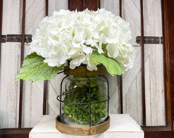 Rustic Glass Lantern, True Touch Hydrangeas (color choices), Farmhouse Country Centerpiece, Realistic faux Floral, Everyday Home Decor, Gift