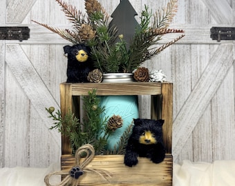 Black Bear Cub Rustic Wood Box: Blue Pine Jar Arrangement