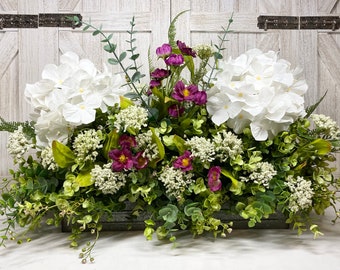 Lovely Deep Rose and White Hydrangea Greenery Arrangement, Eucalyptus Country ‘Fresh look’ Faux Floral Galvanized Tray Centerpiece, Gift