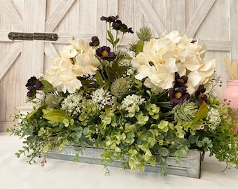 Farmhouse Eucalyptus Tray- Eggplant Accents, Ivory Hydrangeas- Country‘Fresh look’ Realistic Faux Floral Galvanized Arrangement