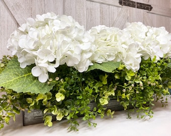 Farmhouse  Arrangement, Greenery Tray All White True Touch Large Hydrangeas, 23" Eucalyptus Arrangement Faux Floral, Gift for Mom