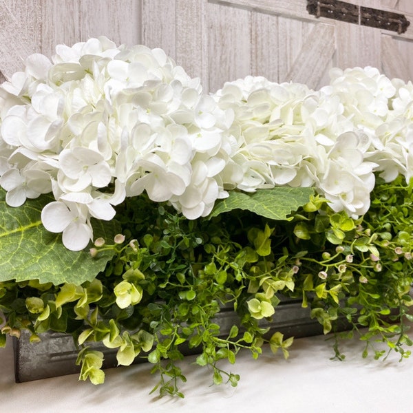 Farmhouse  Arrangement, Greenery Tray All White True Touch Large Hydrangeas, 23" Eucalyptus Arrangement Faux Floral, Gift for Mom