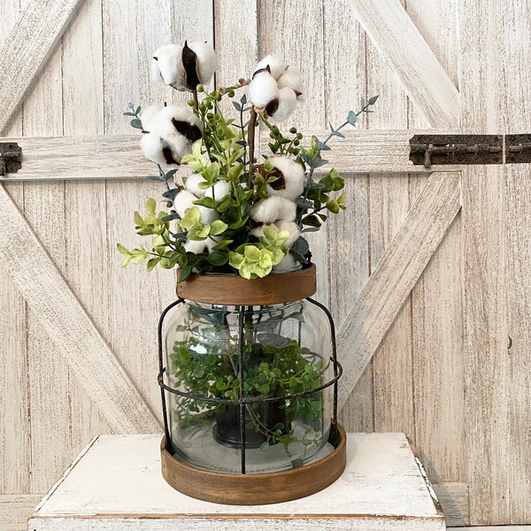 Rustic Glass Lantern, Eucalyptus Greenery & Cotton Bolls, Farmhouse Country Centerpiece, Realistic faux Floral, Everyday Home Decor, Gift