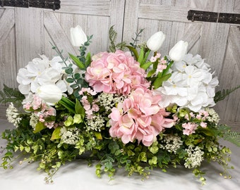 Dining Table Centerpiece,  Pink & White Hydrangea Greenery Tray, Eucalyptus Country Arrangement, ‘Fresh look’ Faux Floral