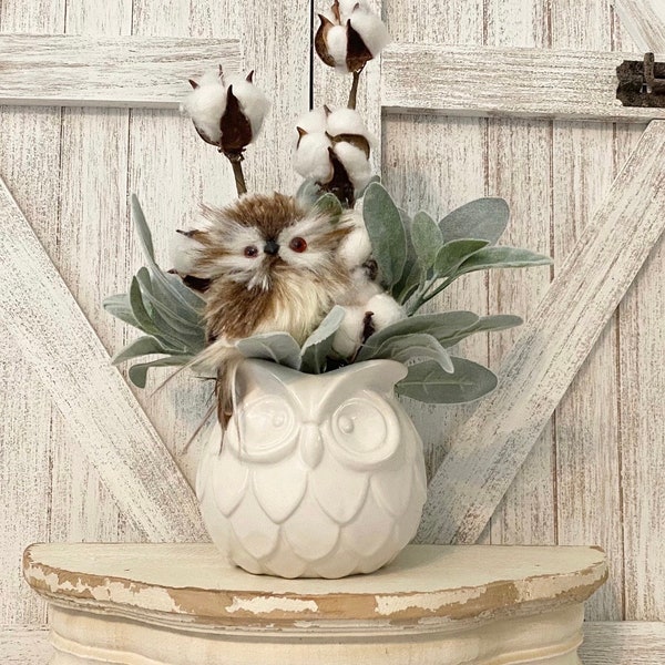 Owl Vase - White Glazed Ceramic Owl with All faux Floral -Lambs Ear - Cotton Bolls - Brown & Cream Owl - Owl designs by Opal, handmade decor