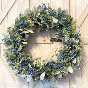 Farmhouse Blueberry Lambs Ear Wreath -Blueberry and Eucalyptus  Rustic Wreath -Holiday & Year round- All Faux Floral handmade decor