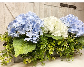 Farmhouse Realistic 23" Faux Floral, Hydrangea Tray Pretty Blue & White True Touch 7.5” Hydrangeas, Eucalyptus Arrangement, Gift for Mom