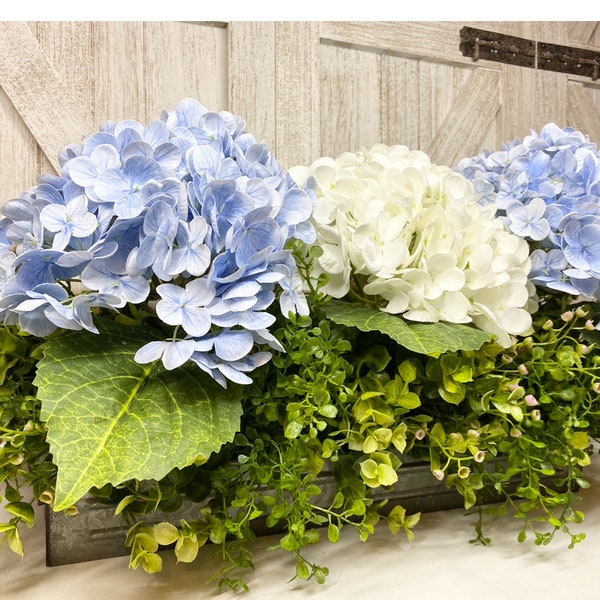 Farmhouse Realistic 23" Faux Floral, Hydrangea Tray Pretty Blue & White True Touch 7.5” Hydrangeas, Eucalyptus Arrangement, Gift for Mom