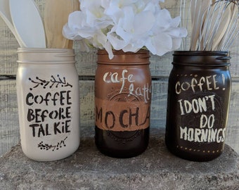 Coffee Canister Set/Wide Mouth Mason Jar Set/Cafe latte/Old Fashioned/Kitchen Decor/Coffee Sign/Mocha/Latte/Coffee/Farmhouse/Retro Kitchen