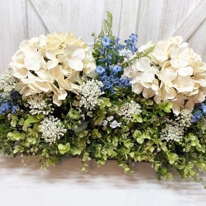 Farmhouse Eucalyptus Tray Ivory Hydrangeas, Blue Accents - New Country Kitchen ‘Fresh look’ Realistic All Faux Floral Galvanized Centerpiece