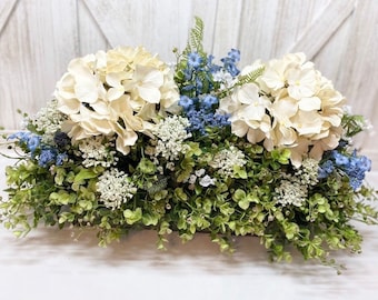 Farmhouse Eucalyptus Tray Ivory Hydrangeas, Blue Accents - New Country Kitchen ‘Fresh look’ Realistic All Faux Floral Galvanized Centerpiece