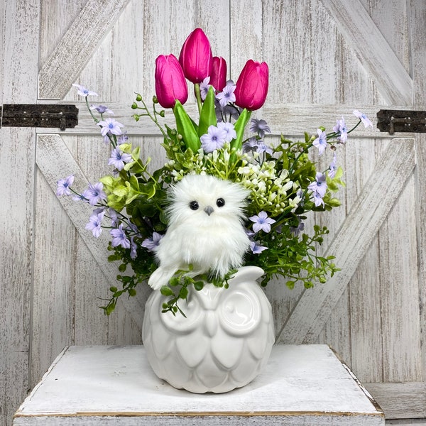 Owl, Farmhouse Owl Vase - White Ceramic Owl Vase with faux Floral - Silk Hot Pink Tulips, Lavender Forget-me-nots, Hot Pink Floral Gift, Mom