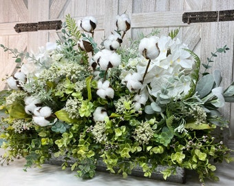 Farmhouse Lovely White Cotton Bolls & White Hydrangeas Centerpiece, Eucalyptus Greenery Tray, Country Faux Floral Arrangement, Floral Gifts