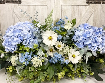 Farmhouse Blue Hydrangea Centerpiece, Pretty Blue True Touch Hydrangeas, Mixed Greenery & Eucalyptus Arrangement, Gift for Mom