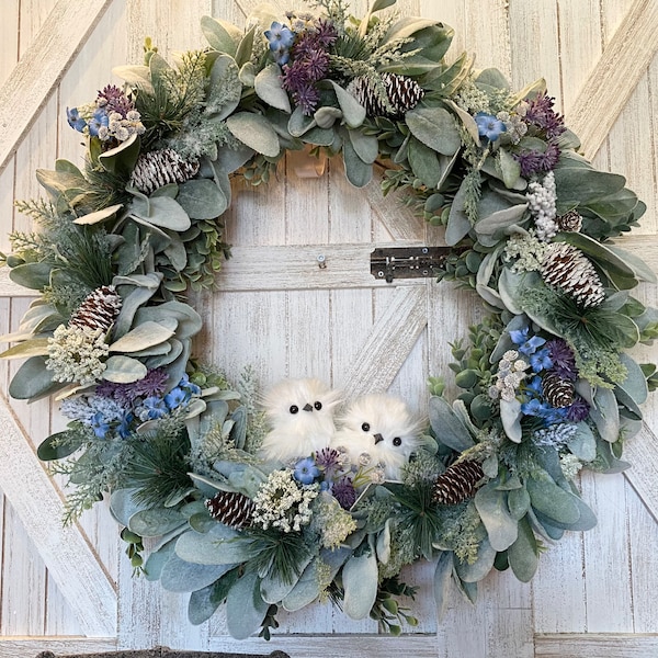 Early Spring Baby Snow Owl Wreath- Year Round Farmhouse Eucalyptus Wreath -New England Woodland -Faux Floral Lambs Ear, handmade decor