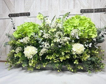True Touch Hydrangea Farmhouse Centerpiece, Bright   Green & White,  Eucalyptus tray
