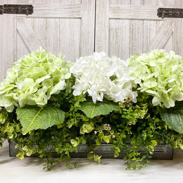 Farmhouse Centerpiece, 23" Greenery Tray Sage Green & White Real Touch Hydrangeas, Eucalyptus ‘Fresh look’ Realistic Faux Floral, Gift Mom