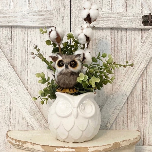 Owl Vase - White Ceramic Owl with faux Floral - Eucalyptus- Cotton Bolls - Brown & Cream Owl -handmade decor