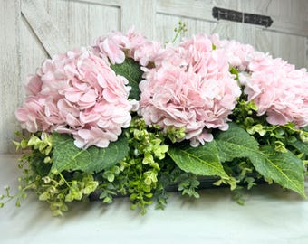 True Touch Pink Hydrangea Centerpiece, Farmhouse Eucalyptus Arrangement, Galvanized Tray Home Decor