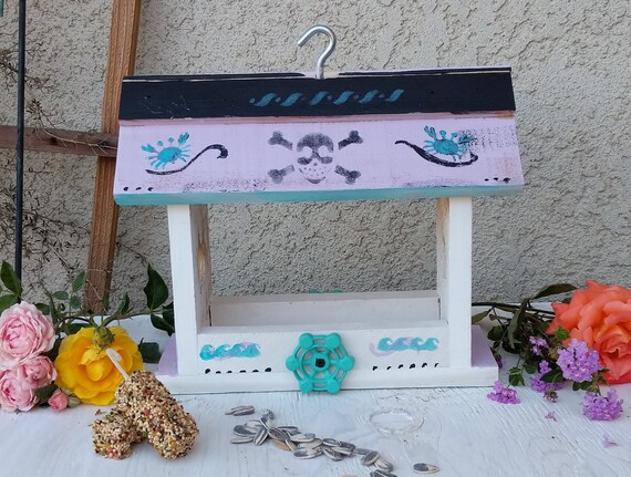 Wooden Bird Feeder Nautical Skull Crossbones Whimsical Yard Etsy