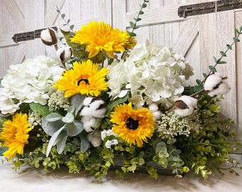 Lovely Farmhouse Sunflower True Touch White Hydrangea Eucalyptus Tray Arrangement, Country Kitchen ‘Fresh look’ Realistic Faux Floral, Gift