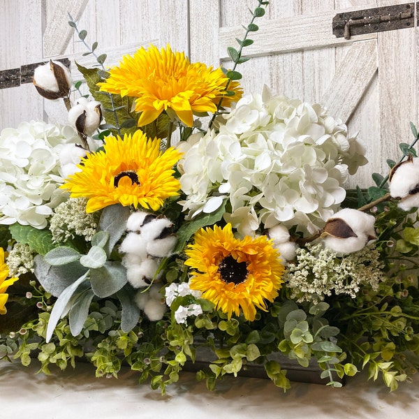 Lovely Farmhouse Sunflower True Touch White Hydrangea Eucalyptus Tray Arrangement, Country Kitchen ‘Fresh look’ Realistic Faux Floral, Gift