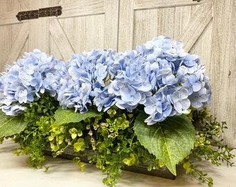 Lovely Farmhouse Centerpiece, 23" Greenery Tray Pretty Blue 7.5” Hydrangeas, Eucalyptus True Touch Realistic Faux Floral, Gift for Mom