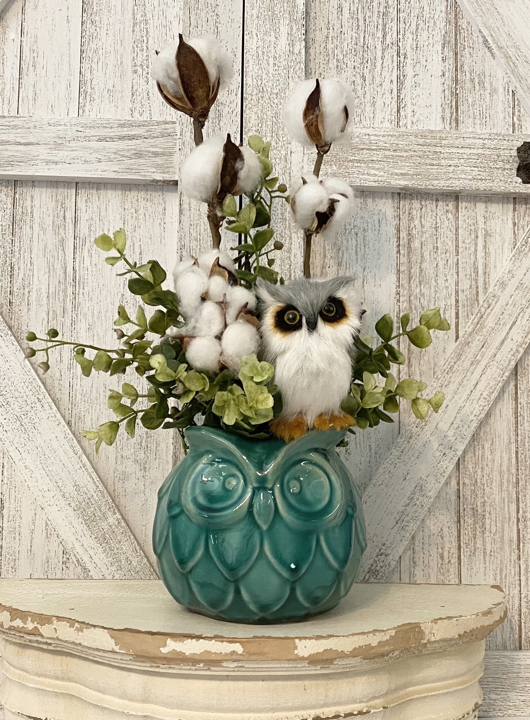 Owl Vase Teal Porcelain Owl With Floral Eucalyptus Cotton Etsy