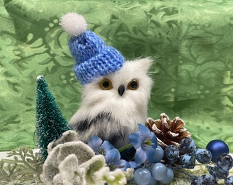 Baby Snow Owl Bob on a Snowflake with a baby blue Winter Cap - Holiday or Winter Accent ready to ship @Apron Strings Owl Lady