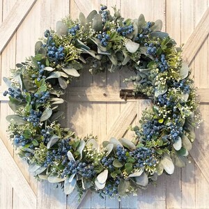 Blue 26" Rustic Farmhouse Lambs Ear Wreath -Blueberry and Eucalyptus Wreath -Holiday & Year round-All Faux floral wreath, handmade decor