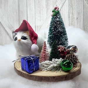 Santa Hat Kitty Cat, Rustic Wood Slice Tiered Tray Decoration