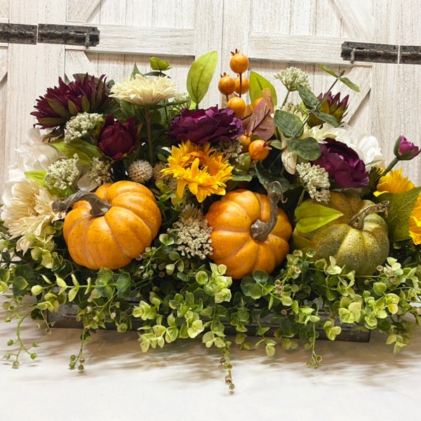 Pumpkin Centerpiece Fall Harvest Sunflower Pumpkins Tray Arrangement-Country Kitchen ‘Fresh look’ Realistic Faux Floral, handmade decor