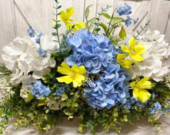 Dining Table Centerpiece,  Blue, Yellow and White Hydrangea Greenery Tray, Eucalyptus Country Arrangement, ‘Fresh look’ Faux Floral