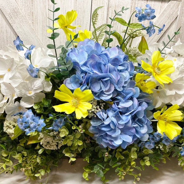 Dining Table Centerpiece,  Blue, Yellow and White Hydrangea Greenery Tray, Eucalyptus Country Arrangement, ‘Fresh look’ Faux Floral