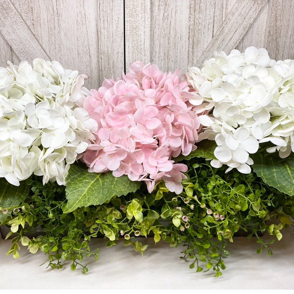 Farmhouse 23" Hydrangea Centerpiece, Greenery Tray Large Pretty Pink & White True Touch Hydrangeas, Eucalyptus Realistic Faux Floral, Gift