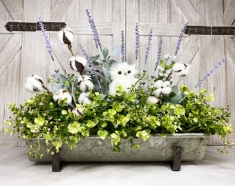 Eucalyptus Greenery, Cotton Bolls, Lavender, Lambs Ear Owl Centerpiece, Farmhouse, Country Kitchen, Galvanized Trough Arrangement, Gift,