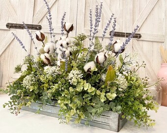 Farmhouse Lilac Greenery Tray, Eucalyptus, Cotton, Lavender Country Fresh look Faux Floral Centerpiece, Metal Tray Arrangement, Floral Gifts