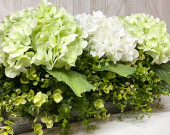Farmhouse Centerpiece, 23" Greenery Tray Sage Green & White Real Touch Hydrangeas, Eucalyptus ‘Fresh look’ Realistic Faux Floral, Gift Mom