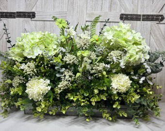 True Touch Hydrangea Farmhouse Centerpiece, Light   Green & White,  Eucalyptus tray
