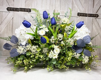 Farmhouse Dining Table  White Hydrangea & Navy Blue Silk Tulip Centerpiece, Eucalyptus Greenery Tray, Faux Floral Arrangement, Floral Gift